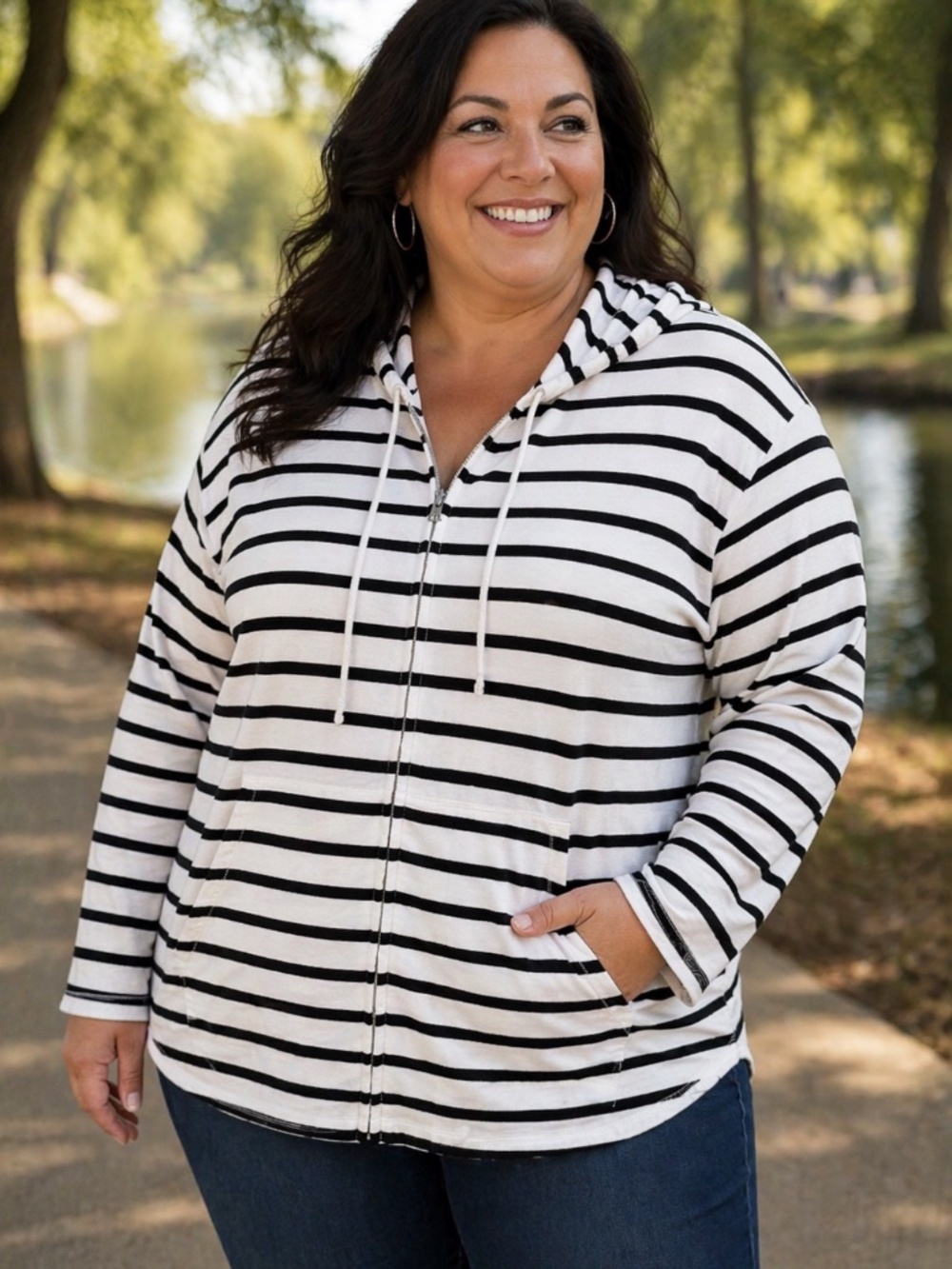 Talbots Striped Hoodie 3X Black White Zip Front Lightweight UPF 50+